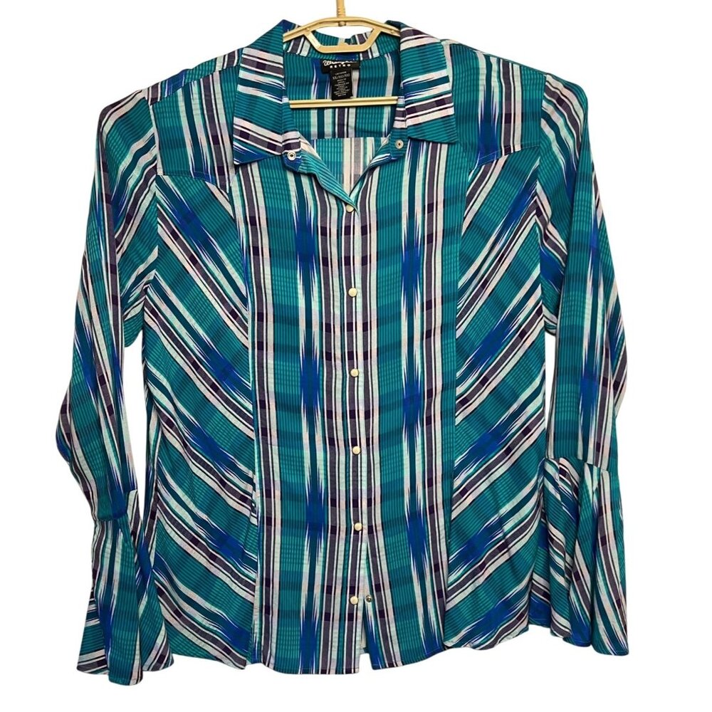 Wrangler Retro Women XL Pearl-Snap-Up Shirt Turquoise/Blue Lightweight Western